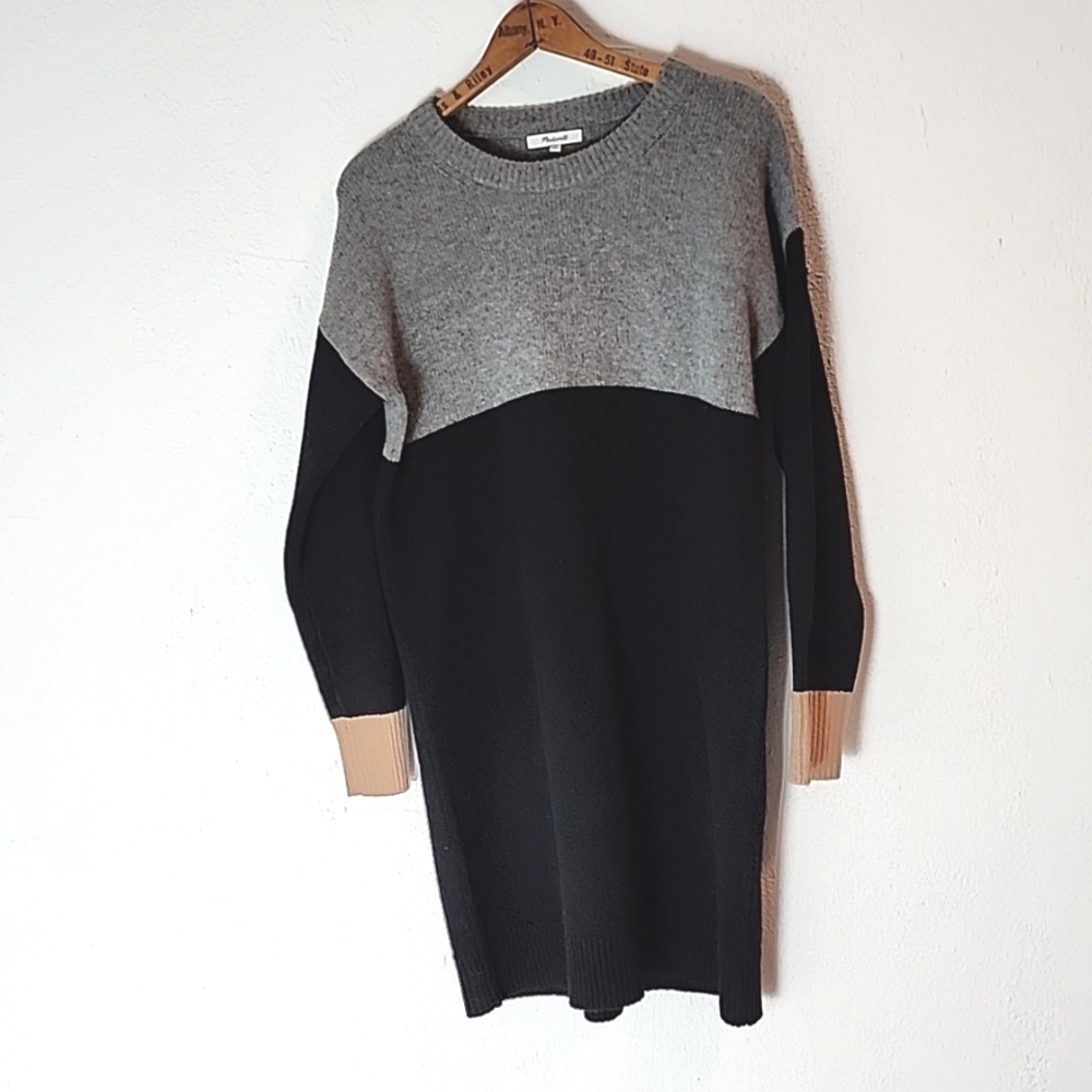 NWT Madewell Colorblock Sweater Dress Black Gray Brown Size M, Merino Wool